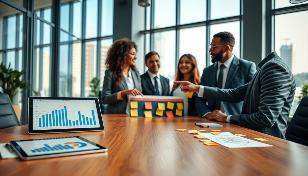 A dynamic business scene depicting tools and solutions for change management. In the foreground, a sleek wooden table displays an array of modern tools: a tablet showing analytics graphs, a color-coded Kanban board, and sticky notes with ideas. In the middle ground, a diverse group of professionals in business attire (a South American woman and a man of African descent) discuss strategies, pointing at the Kanban board. The background features a bright, airy office with large windows letting in abundant natural light, showcasing a cityscape. The atmosphere is one of collaboration and innovation, conveying a sense of progress and teamwork. Use soft lighting to create a warm and inviting mood. Focus on realistic textures and a sharp lens to enhance details. A dynamic business scene depicting tools and solutions for change management. In the foreground, a sleek wooden table displays an array of modern tools: a tablet showing analytics graphs, a color-coded Kanban board, and sticky notes with ideas. In the middle ground, a diverse group of professionals in business attire (a South American woman and a man of African descent) discuss strategies, pointing at the Kanban board. The background features a bright, airy office with large windows letting in abundant natural light, showcasing a cityscape. The atmosphere is one of collaboration and innovation, conveying a sense of progress and teamwork. Use soft lighting to create a warm and inviting mood. Focus on realistic textures and a sharp lens to enhance details.