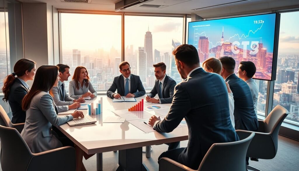 A dynamic business scene illustrating the impact of growth and competitiveness in an enterprise setting. In the foreground, a diverse group of professionals in smart business attire engaged in a vibrant discussion around a modern conference table, showcasing charts and graphs that symbolize growth. In the middle ground, a large window revealing a bustling city skyline, representing economic vibrancy and opportunities. The background features a digital screen displaying animated statistics and trends, enhancing the technological aspect. Soft, natural lighting floods the room, creating an inspiring atmosphere. A wide-angle perspective captures the entire scene, emphasizing collaboration and forward-thinking, ideal for a corporate illustration about enhancing competitiveness.