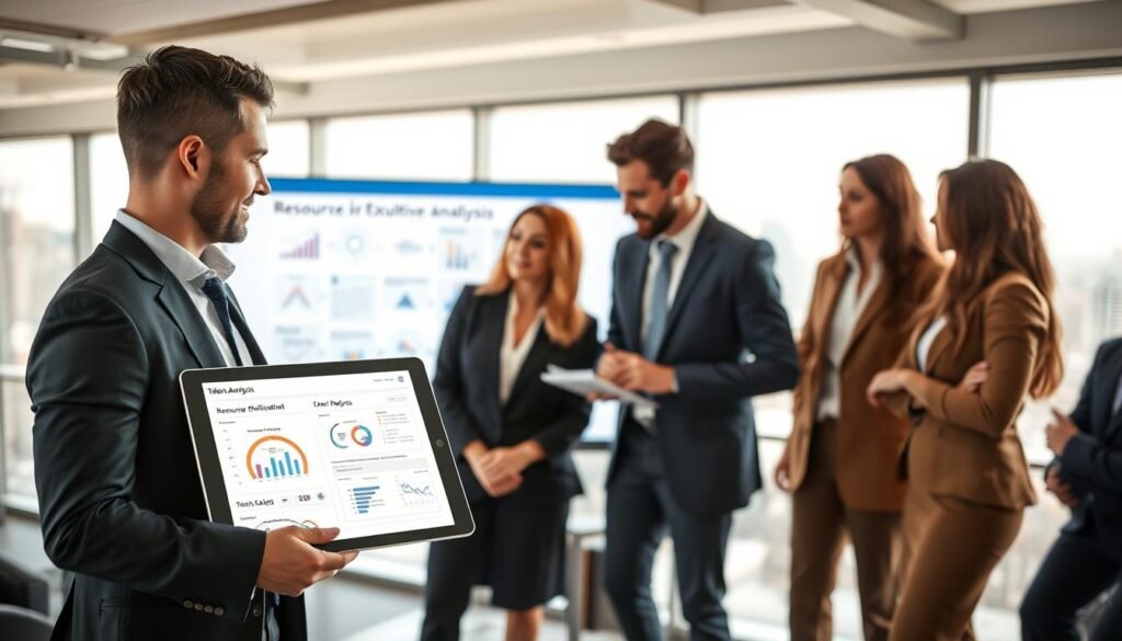 A dynamic business setting showcasing a diverse group of professional executive recruiters engaged in a discussion. In the foreground, two recruiters, one male and one female, are examining a digital tablet displaying a detailed talent analysis, dressed in sharp business attire. The middle ground features a large screen illustrating flowcharts and metrics related to resource optimization in recruitment, surrounded by a diverse team of professionals in a modern office space. The background depicts large windows with a city skyline, allowing natural light to flood the room, creating a warm and productive atmosphere. The image should have a polished, high-resolution look with clear focus and depth of field, evoking a sense of collaboration and innovation in talent acquisition. A dynamic business setting showcasing a diverse group of professional executive recruiters engaged in a discussion. In the foreground, two recruiters, one male and one female, are examining a digital tablet displaying a detailed talent analysis, dressed in sharp business attire. The middle ground features a large screen illustrating flowcharts and metrics related to resource optimization in recruitment, surrounded by a diverse team of professionals in a modern office space. The background depicts large windows with a city skyline, allowing natural light to flood the room, creating a warm and productive atmosphere. The image should have a polished, high-resolution look with clear focus and depth of field, evoking a sense of collaboration and innovation in talent acquisition.