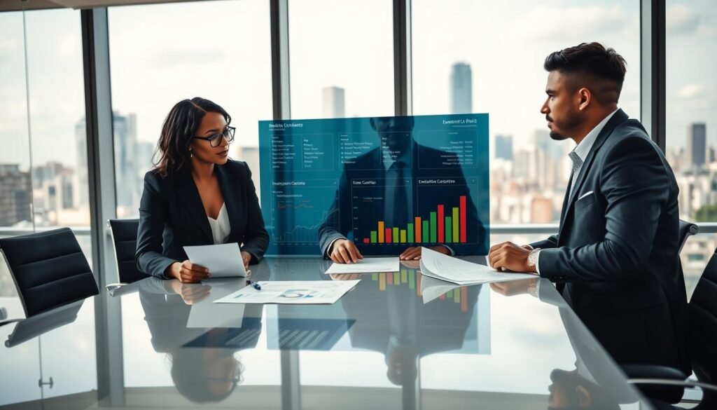 A dynamic corporate office setting featuring a diverse group of executive candidates engaged in the evaluation process. In the foreground, two professionals in smart business attire, a confident Black woman and a focused Hispanic man, are reviewing resumes and discussing qualifications at a sleek conference table. The middle ground showcases a large digital dashboard displaying key metrics and evaluation criteria, with graphs and charts symbolizing the assessment process. In the background, a panoramic window reveals a vibrant city skyline, symbolizing opportunity and ambition. Soft, natural lighting enhances the atmosphere of professionalism and collaboration, while a shallow depth of field emphasizes the subjects' expressions, conveying seriousness and determination in the candidate evaluation process. A dynamic corporate office setting featuring a diverse group of executive candidates engaged in the evaluation process. In the foreground, two professionals in smart business attire, a confident Black woman and a focused Hispanic man, are reviewing resumes and discussing qualifications at a sleek conference table. The middle ground showcases a large digital dashboard displaying key metrics and evaluation criteria, with graphs and charts symbolizing the assessment process. In the background, a panoramic window reveals a vibrant city skyline, symbolizing opportunity and ambition. Soft, natural lighting enhances the atmosphere of professionalism and collaboration, while a shallow depth of field emphasizes the subjects' expressions, conveying seriousness and determination in the candidate evaluation process.