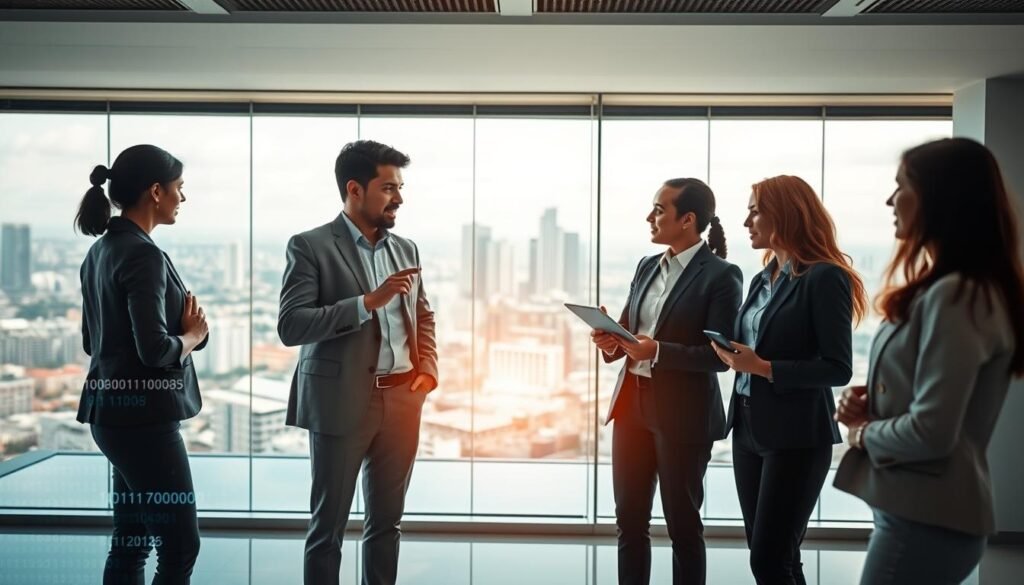 A dynamic corporate setting in Colombia illustrating digital transformation leadership. In the foreground, a diverse group of three professionals in business attire engaged in a discussion, one standing and pointing at a digital tablet displaying analytics. In the middle, a modern conference room with large windows showing a panoramic view of a city skyline, bright and airy atmosphere enhanced by natural light. In the background, abstract digital visuals representing innovation and technology, such as binary codes and graphs, softly illuminated. The overall mood is one of collaboration and progression, embodying the spirit of digital leadership and its impact on organizational dynamics. Use bright and professional lighting to emphasize the forward-thinking theme.