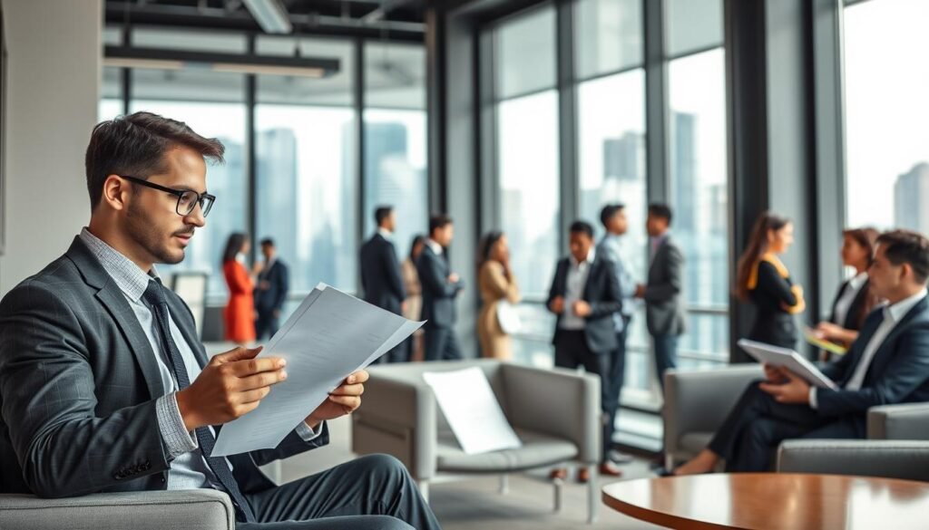 A dynamic corporate setting showcasing a professional talent acquisition specialist engaged in the process of executive recruitment. In the foreground, a focused individual in formal business attire analyzes resumes and conducts interviews with potential candidates, surrounded by modern office furnishings. In the middle ground, diverse professionals in business attire network and interact, representing a range of backgrounds and executive roles. The background features a sleek, contemporary office space with large windows displaying the bustling cityscape of Colombia, symbolizing opportunity and growth. Soft, natural lighting floods the scene, enhancing the professional atmosphere. The mood is one of determination and collaboration, emphasizing the expertise in executive talent selection.