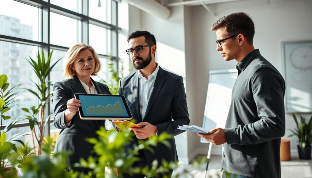 A dynamic corporate setting showcasing a team of diverse professionals collaborating on growth strategies. In the foreground, a middle-aged woman in smart business attire points to a digital chart displayed on a sleek tablet, illustrating upward trends. Beside her, a young man with glasses taking notes, in a casual but professional outfit. The background features a modern office with large windows, allowing natural light to flood the space, creating an optimistic and productive atmosphere. Plants are placed throughout to add warmth, while a whiteboard filled with diagrams reflects brainstorming sessions. The composition should have a slightly angled perspective, emphasizing teamwork and innovative thinking, with soft shadows enhancing the focus on the team.