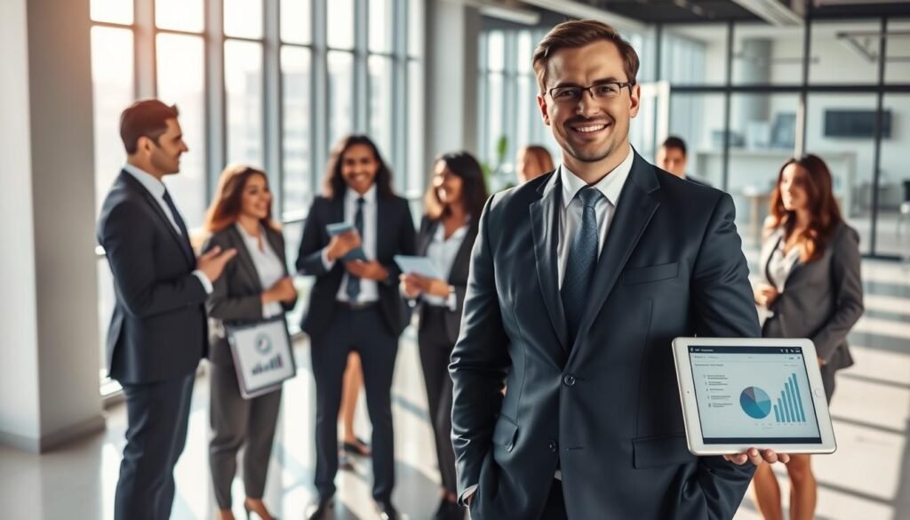 A dynamic corporate setting showcasing the advantages of headhunting. In the foreground, a confident recruiter in a tailored business suit, interacting with a diverse group of professional candidates, all dressed in smart business attire. The middle ground features a modern office environment with large windows, allowing natural light to flood the space, creating a vibrant and energetic atmosphere. Several visual indicators of success and strategy – such as charts, graphs, and a digital tablet displaying key metrics – are subtly integrated into the scene, hinting at informed decision-making. The mood is collaborative and optimistic, emphasizing effective communication and the strategic value of headhunting. The image should be well-lit, with a focus on clarity and professionalism, creating an inspiring and inviting ambiance.