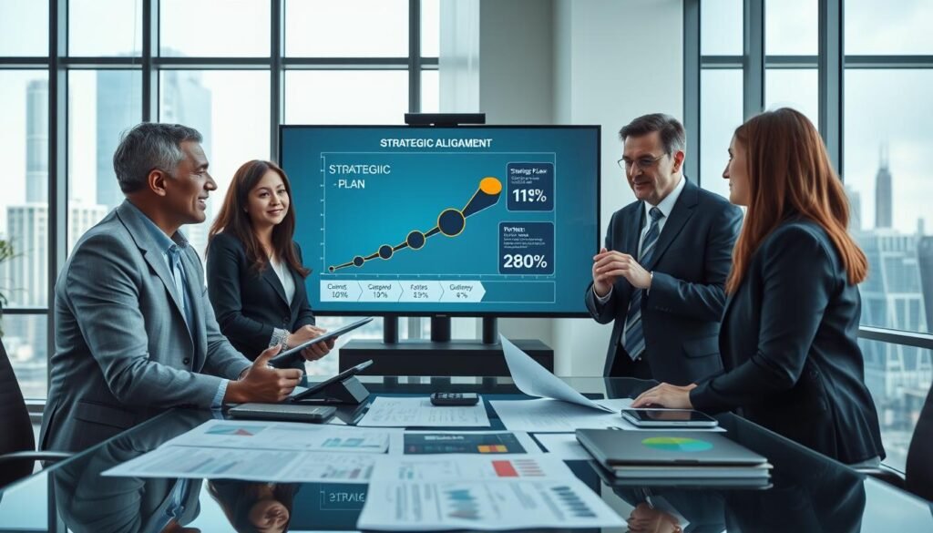 A dynamic executive coaching scene set in a modern office environment. In the foreground, a diverse group of three professional business people, dressed in smart business attire, engage in a focused discussion around a sleek glass table covered with strategic plan documents and digital devices. In the middle ground, a large digital screen displays a colorful, dynamic diagram illustrating strategic alignment and organizational growth metrics. The background features large windows with a cityscape view, letting in soft, natural light that creates a professional yet inviting atmosphere. The mood is collaborative and energized, emphasizing teamwork and the drive for organizational success. The composition is framed using a slight angle that highlights the subjects' engaged expressions, ensuring clarity and focus on their interaction. A dynamic executive coaching scene set in a modern office environment. In the foreground, a diverse group of three professional business people, dressed in smart business attire, engage in a focused discussion around a sleek glass table covered with strategic plan documents and digital devices. In the middle ground, a large digital screen displays a colorful, dynamic diagram illustrating strategic alignment and organizational growth metrics. The background features large windows with a cityscape view, letting in soft, natural light that creates a professional yet inviting atmosphere. The mood is collaborative and energized, emphasizing teamwork and the drive for organizational success. The composition is framed using a slight angle that highlights the subjects' engaged expressions, ensuring clarity and focus on their interaction.