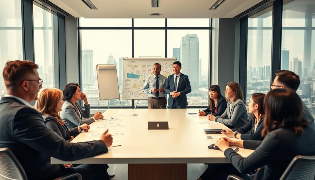 A dynamic executive coaching session in a sleek, modern office environment. In the foreground, a diverse group of business professionals, dressed in professional business attire, are engaged in an animated discussion around a large conference table. Their expressions reflect determination and insight. In the middle ground, a confident coach, a middle-aged individual of Hispanic descent, stands beside a whiteboard filled with colorful diagrams, illustrating concepts of growth and transformation. The background shows large windows that let in natural light, creating an inviting atmosphere, and a city skyline is visible outside, emphasizing a corporate setting. Use soft, warm lighting to promote a collaborative mood, captured from a slightly elevated angle to encompass both the coach and the executive participants.