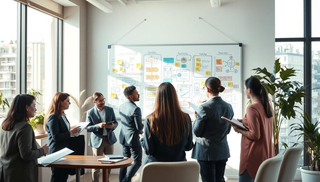 A dynamic office environment illustrating the cultural transformation processes within an organization. In the foreground, a diverse group of professionals in business attire engaged in a collaborative brainstorming session, expressing ideas through sketches and digital tablets. In the middle ground, a large whiteboard filled with colorful diagrams and post-it notes representing various methodologies for cultural change. The background features large windows allowing natural light to flood the space, casting soft shadows across the room. The atmosphere is one of creativity and innovation, with plants adding a touch of nature. Use a warm color palette and a slight vignette for a cozy yet inspiring feel, captured from a low angle to emphasize collaboration and engagement. A dynamic office environment illustrating the cultural transformation processes within an organization. In the foreground, a diverse group of professionals in business attire engaged in a collaborative brainstorming session, expressing ideas through sketches and digital tablets. In the middle ground, a large whiteboard filled with colorful diagrams and post-it notes representing various methodologies for cultural change. The background features large windows allowing natural light to flood the space, casting soft shadows across the room. The atmosphere is one of creativity and innovation, with plants adding a touch of nature. Use a warm color palette and a slight vignette for a cozy yet inspiring feel, captured from a low angle to emphasize collaboration and engagement.