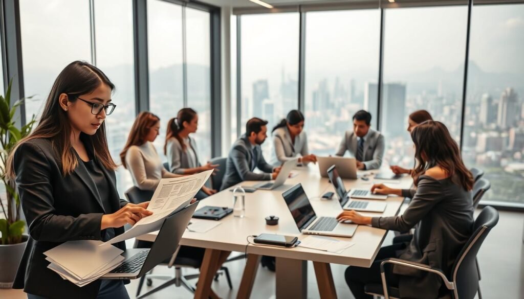 A dynamic office environment in Colombia featuring a diverse group of professionals engaged in headhunting strategies. In the foreground, a focused woman in business attire is reviewing candidates on a laptop, with documents and notes scattered around her. In the middle, a collaborative team of professionals, dressed in business casual clothing, is brainstorming around a conference table with laptops and digital devices, displaying a sense of synergy and innovation. The background shows large windows with a view of a bustling city skyline under soft natural light, enhancing the atmosphere of motivation and professionalism. The image should capture the essence of effective talent acquisition strategies in a modern Colombian setting, highlighting teamwork and strategic planning.