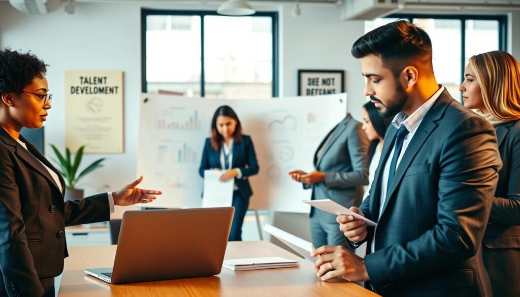 A dynamic office environment showcasing a diverse group of professionals collaborating on talent development strategies. In the foreground, a focused Black woman in a sharp business suit presents data on a laptop, while a Hispanic man in a blazer takes notes, illustrating engagement and teamwork. In the middle background, a team of three individuals—an Asian woman, a Caucasian man, and a Middle-Eastern woman—gather around a whiteboard filled with charts and diagrams, indicating brainstorming sessions. The background features modern office decor with motivational posters and large windows letting in natural light, creating an inspiring atmosphere. The lighting is bright and warm, enhancing a sense of purpose and collaboration. Capture this scene from a slightly elevated angle to show depth and activity. A dynamic office environment showcasing a diverse group of professionals collaborating on talent development strategies. In the foreground, a focused Black woman in a sharp business suit presents data on a laptop, while a Hispanic man in a blazer takes notes, illustrating engagement and teamwork. In the middle background, a team of three individuals—an Asian woman, a Caucasian man, and a Middle-Eastern woman—gather around a whiteboard filled with charts and diagrams, indicating brainstorming sessions. The background features modern office decor with motivational posters and large windows letting in natural light, creating an inspiring atmosphere. The lighting is bright and warm, enhancing a sense of purpose and collaboration. Capture this scene from a slightly elevated angle to show depth and activity.