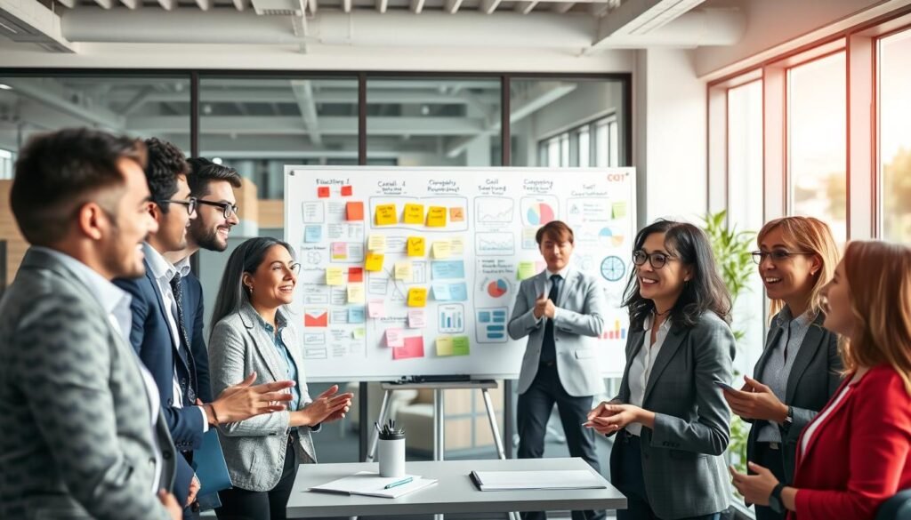 A dynamic office environment showcasing a successful executive coaching session. In the foreground, a diverse group of professionals dressed in smart business attire, engaged in an animated discussion, with expressions of enthusiasm and positivity. In the middle ground, a large whiteboard filled with colorful charts and post-it notes illustrating goals and breakthroughs. The background features a modern office with large windows allowing soft natural light to fill the room, creating an uplifting atmosphere. The camera angle is slightly elevated, providing a comprehensive view of the collaborative scene, where team members are brainstorming and celebrating their achievements. Emphasize the mood of synergy and success among the participants, highlighting the tangible results of effective coaching.