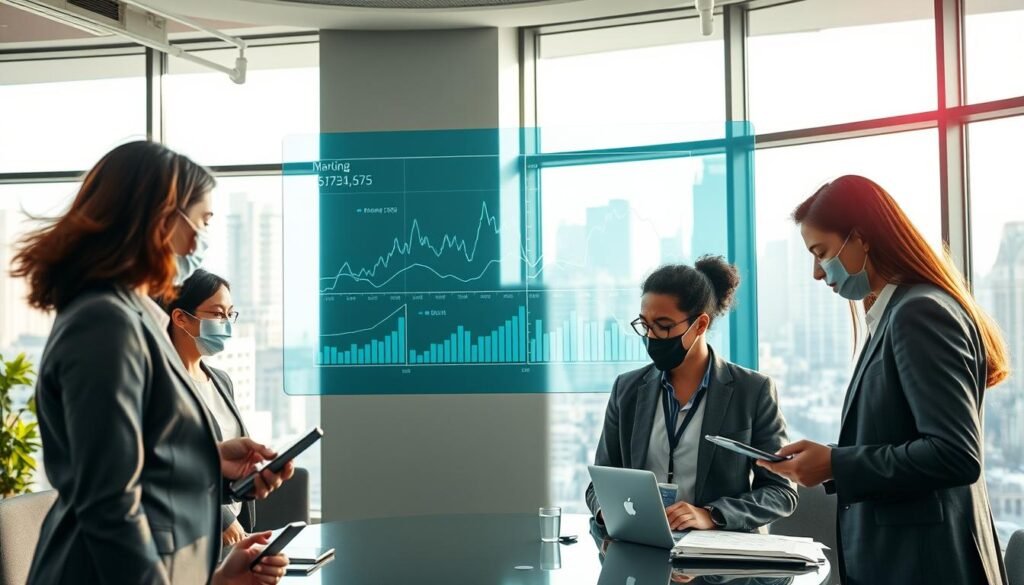 A dynamic office environment showcasing adaptability in the post-pandemic market. In the foreground, diverse professionals in business attire, actively collaborating over digital devices, showcasing innovation and teamwork. In the middle ground, a large transparent screen displays evolving market graphs and strategies, symbolizing data-driven decision-making. The background features an urban landscape through large windows, reflecting a modern cityscape. The lighting is bright and uplifting, conveying hope and resilience, with soft natural light filtering in. The atmosphere is energetic yet focused, highlighting the theme of organizational change and adaptability in response to new market challenges.