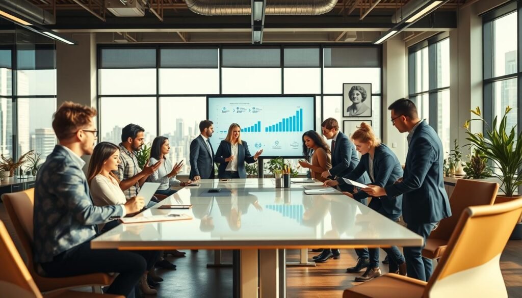 A dynamic office environment showcasing innovation in sales and product development. In the foreground, a diverse group of business professionals in smart attire enthusiastically collaborate around a sleek, modern conference table, interacting with digital devices and notes. The middle layer features a large screen displaying graphs and product prototypes, emphasizing technology and creativity. In the background, bright, natural light streams through expansive windows, illuminating a contemporary office space adorned with plants and inspirational artwork. The atmosphere is energetic and forward-thinking, reflecting a sense of teamwork and ambition in a bustling cityscape. Use warm lighting to enhance approachability, and capture the scene from a slightly elevated angle to provide an encompassing view of the collaboration.