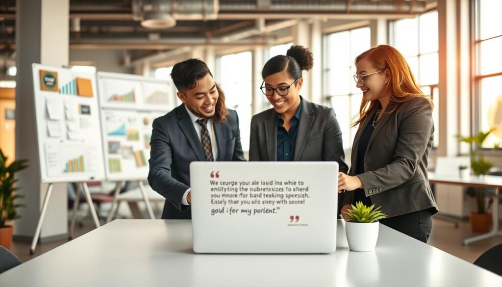 A dynamic office environment that highlights success and professionalism in recruitment. In the foreground, a diverse group of three professionals, wearing smart business attire, are engaged in an enthusiastic discussion around a laptop opened to a positive testimonial. The middle ground features a large whiteboard with colorful charts and pinned success stories, symbolizing growth and achievement. In the background, an open office space with large windows letting in natural light, creating a bright and optimistic atmosphere. Use a soft focus on the background to enhance depth, while keeping the subjects sharply in focus. The lighting is warm and inviting, radiating a sense of collaboration and success. The overall mood is inspiring and motivating, ideal for showcasing testimonials and success stories in specialized recruitment services.