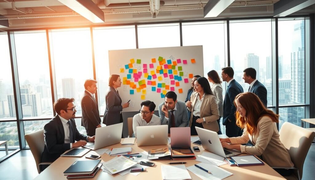 A dynamic office scene reflecting innovative talent sourcing strategies in Colombia. In the foreground, a diverse group of professional businesspeople, dressed in smart business attire, engaged in a lively discussion around a table, with laptops and documents strewn about. The middle ground showcases a large whiteboard filled with colorful post-it notes and graphs, symbolizing brainstorming and strategic planning. In the background, floor-to-ceiling windows reveal a bustling city skyline bathed in warm, natural sunlight, creating an atmosphere of optimism and collaboration. The image should convey a sense of urgency and excitement, emphasizing the drive to connect talent with organizational growth. Use a wide-angle lens to capture the essence of teamwork and innovation, ensuring a bright and inviting ambiance. A dynamic office scene reflecting innovative talent sourcing strategies in Colombia. In the foreground, a diverse group of professional businesspeople, dressed in smart business attire, engaged in a lively discussion around a table, with laptops and documents strewn about. The middle ground showcases a large whiteboard filled with colorful post-it notes and graphs, symbolizing brainstorming and strategic planning. In the background, floor-to-ceiling windows reveal a bustling city skyline bathed in warm, natural sunlight, creating an atmosphere of optimism and collaboration. The image should convey a sense of urgency and excitement, emphasizing the drive to connect talent with organizational growth. Use a wide-angle lens to capture the essence of teamwork and innovation, ensuring a bright and inviting ambiance.