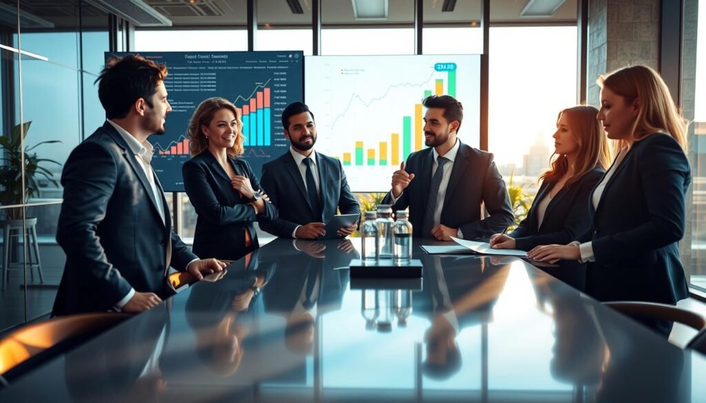 A dynamic office scene showcasing the impact of headhunters on business growth. In the foreground, a confident, diverse group of three professionals in smart business attire engage in a discussion around a sleek conference table. The middle ground features a large screen displaying growth charts and success metrics. The background reveals a modern office environment with large windows allowing natural light to flood in, casting soft, warm shadows. The angle is slightly elevated, providing a wide view of the scene, highlighting collaboration and innovation. The mood is energetic and optimistic, emphasizing teamwork and professional development in a thriving business atmosphere. A dynamic office scene showcasing the impact of headhunters on business growth. In the foreground, a confident, diverse group of three professionals in smart business attire engage in a discussion around a sleek conference table. The middle ground features a large screen displaying growth charts and success metrics. The background reveals a modern office environment with large windows allowing natural light to flood in, casting soft, warm shadows. The angle is slightly elevated, providing a wide view of the scene, highlighting collaboration and innovation. The mood is energetic and optimistic, emphasizing teamwork and professional development in a thriving business atmosphere.