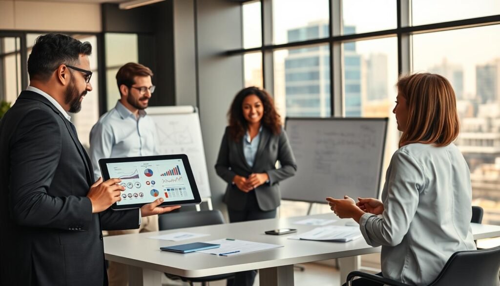 A dynamic office setting illustrating the integration of executive coaching with business strategy. In the foreground, a diverse group of three professionals in business attire (two men, one woman) engage in a collaborative discussion, gesturing towards a digital tablet displaying charts and graphs. The middle ground features a modern conference table surrounded by chairs, with a whiteboard covered in strategic planning notes. In the background, large windows let in natural light, illuminating a cityscape. Warm yet professional atmosphere, focusing on teamwork and leadership. Use soft lighting to create an inviting ambiance, shot from a slight angle to enhance depth. A dynamic office setting illustrating the integration of executive coaching with business strategy. In the foreground, a diverse group of three professionals in business attire (two men, one woman) engage in a collaborative discussion, gesturing towards a digital tablet displaying charts and graphs. The middle ground features a modern conference table surrounded by chairs, with a whiteboard covered in strategic planning notes. In the background, large windows let in natural light, illuminating a cityscape. Warm yet professional atmosphere, focusing on teamwork and leadership. Use soft lighting to create an inviting ambiance, shot from a slight angle to enhance depth.