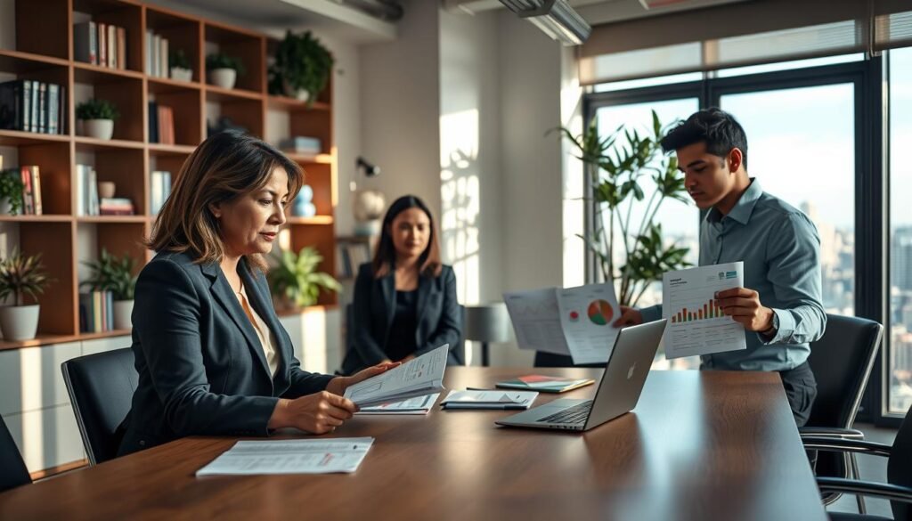 A dynamic office setting in Colombia, featuring a diverse group of professional recruiters engaged in discussions around a conference table. In the foreground, a middle-aged Colombian woman in a tailored suit analyzes resumes with a focused expression, while a young Colombian man in business casual attire presents insights on a laptop, showcasing graphs and charts. In the middle ground, a large window reveals a view of the Bogotá skyline, with soft morning light casting gentle shadows across the room. The background includes shelves filled with business books and decorative plants, creating a warm and inviting atmosphere. The overall mood is one of professionalism, collaboration, and expertise in private capital recruitment. A dynamic office setting in Colombia, featuring a diverse group of professional recruiters engaged in discussions around a conference table. In the foreground, a middle-aged Colombian woman in a tailored suit analyzes resumes with a focused expression, while a young Colombian man in business casual attire presents insights on a laptop, showcasing graphs and charts. In the middle ground, a large window reveals a view of the Bogotá skyline, with soft morning light casting gentle shadows across the room. The background includes shelves filled with business books and decorative plants, creating a warm and inviting atmosphere. The overall mood is one of professionalism, collaboration, and expertise in private capital recruitment.