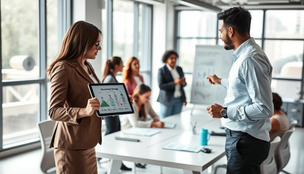 A dynamic office setting showcasing a diverse group of professionals engaged in a recruitment strategy meeting. In the foreground, a woman in a tailored suit displays a recruitment roadmap on a digital tablet, while a man in business casual attire gestures towards a whiteboard filled with charts and strategies. In the middle, several colleagues are scattered around a modern conference table, engaged in animated discussions. The background features large windows allowing natural light to flood the room, creating a bright and inviting atmosphere. The overall mood conveys collaboration, innovation, and professionalism, emphasizing effective recruitment strategies. The lighting is soft yet bright, capturing a productive team spirit, with a shallow depth of field focusing on the foreground activities.