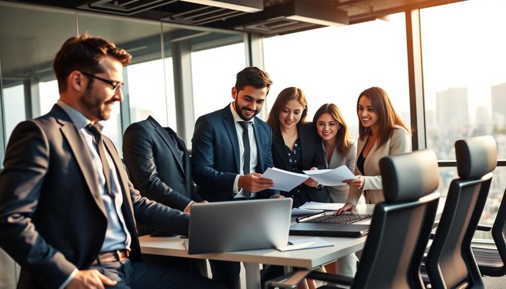 A dynamic office setting showcasing a successful executive search meeting. In the foreground, a diverse group of three business professionals, dressed in tailored suits, engaged in a collaborative discussion over a laptop and documents, with expressions of confidence and determination. The middle ground features a modern conference table surrounded by ergonomic chairs, highlighting the professional atmosphere. In the background, large windows let in natural sunlight, illuminating the space and providing a cityscape view of Bogotá, Colombia. The lighting is warm and inviting, creating an atmosphere of success and teamwork. The scene conveys a sense of achievement in talent acquisition, embodying a vibrant and professional energy. Use a wide-angle lens to capture the dynamism of the meeting from a slightly elevated perspective.
