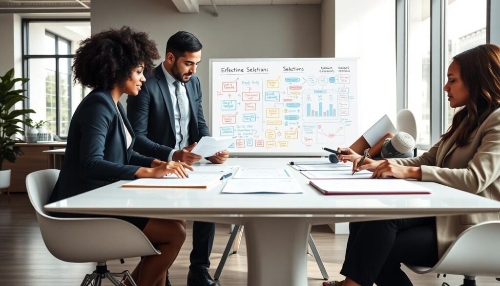 A dynamic office setting showcasing effective selection strategies, with diverse professionals engaged in a collaborative brainstorming session. In the foreground, three individuals in smart business attire are examining resumes on a sleek modern table, highlighting teamwork and focus. The middle ground features a whiteboard filled with colorful diagrams and notes illustrating selection processes, creating a vibrant atmosphere of creativity and strategy. In the background, large windows let in natural light, casting soft shadows and creating an inviting, transparent feel. The mood conveys professionalism, efficiency, and a tone of inclusivity, emphasizing the importance of effective selection in hiring practices. The overall composition is balanced and harmonious, with a focus on teamwork and innovation.