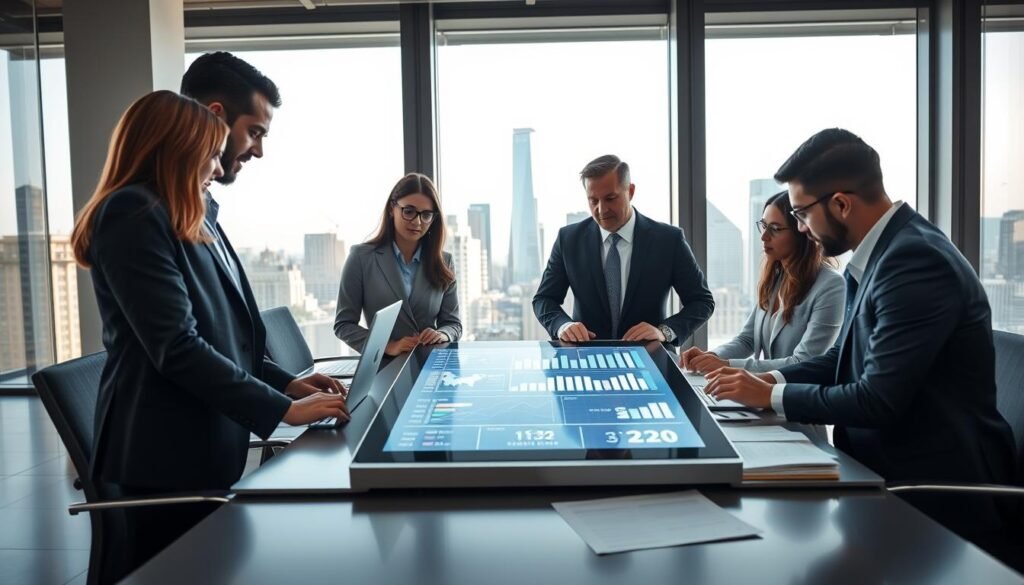 A dynamic office setting showcasing the collaboration between banks and fintech companies. In the foreground, a diverse group of three professionals, including a woman in smart business attire and two men in suits, are engaged in a focused discussion around a futuristic digital tablet that displays financial analytics and innovative graphs. The middle ground features a sleek conference table with financial documents and laptops scattered across it, illustrating a collaborative environment. In the background, large windows reveal a city skyline, signifying growth and modernity, with soft, natural daylight filtering through. The overall atmosphere is one of innovation and teamwork, emphasizing the importance of integrating fintech solutions within traditional banking. The scene is captured with a wide-angle lens to enhance depth and perspective, conveying a sense of urgency and forward-thinking.