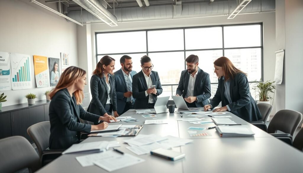 A dynamic office setting showcasing the impact of executive coaching on productivity and organizational culture. In the foreground, a diverse group of three professionals in business attire actively engaged in a brainstorming session, with papers and digital devices scattered around. The middle layer features a large, modern conference table, surrounded by inspirational posters and visuals of growth charts on the walls. In the background, large windows allow natural light to flood the space, creating an open and collaborative atmosphere. The overall mood is vibrant and energetic, highlighting teamwork and innovation, with soft lighting enhancing the sense of professionalism. Capture the essence of a thriving corporate environment focused on development and improvement. A dynamic office setting showcasing the impact of executive coaching on productivity and organizational culture. In the foreground, a diverse group of three professionals in business attire actively engaged in a brainstorming session, with papers and digital devices scattered around. The middle layer features a large, modern conference table, surrounded by inspirational posters and visuals of growth charts on the walls. In the background, large windows allow natural light to flood the space, creating an open and collaborative atmosphere. The overall mood is vibrant and energetic, highlighting teamwork and innovation, with soft lighting enhancing the sense of professionalism. Capture the essence of a thriving corporate environment focused on development and improvement.