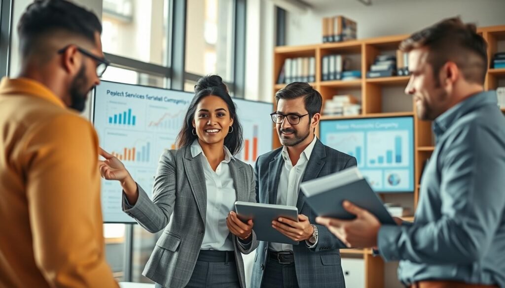 A dynamic office setting with a diverse team of professionals engaged in a collaborative meeting, emphasizing personalized services for pharmaceutical companies. In the foreground, a confident female consultant in professional attire gestures towards a digital presentation, showcasing tailored solutions. Beside her, a male analyst reviews documents on a tablet. In the middle ground, a large screen displays statistical graphs and infographics relevant to the pharmaceutical sector. The background features softly blurred shelves with industry-related books, enhancing the professional atmosphere. The image is illuminated by warm, natural light coming through large windows, creating a productive and inviting mood. The angle is slightly elevated, capturing the teamwork and innovation at play. A dynamic office setting with a diverse team of professionals engaged in a collaborative meeting, emphasizing personalized services for pharmaceutical companies. In the foreground, a confident female consultant in professional attire gestures towards a digital presentation, showcasing tailored solutions. Beside her, a male analyst reviews documents on a tablet. In the middle ground, a large screen displays statistical graphs and infographics relevant to the pharmaceutical sector. The background features softly blurred shelves with industry-related books, enhancing the professional atmosphere. The image is illuminated by warm, natural light coming through large windows, creating a productive and inviting mood. The angle is slightly elevated, capturing the teamwork and innovation at play.