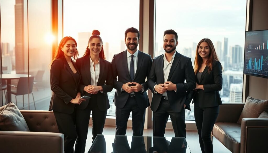 A dynamic, professional scene showcasing successful executive headhunters in Bogotá's financial sector. In the foreground, a diverse group of three business professionals engaged in a focused discussion, wearing smart business attire—suits and blazers—with confident expressions. In the middle ground, a well-designed modern office environment featuring sleek furniture and a large window displaying a vibrant city skyline. The background includes subtle hints of financial elements, such as charts and graphs on a digital screen. Warm, natural light filters through the window, illuminating the scene and creating an inviting atmosphere. Capture this interaction from a slightly elevated angle to emphasize the collaboration and success of these standout firms. The mood is aspirational and professional, reflecting expertise and achievement in executive recruitment.