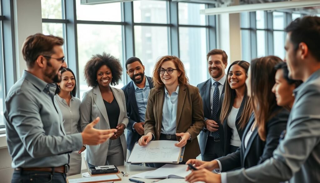 A dynamic scene depicting a diverse group of professionals engaged in a collaborative team-building workshop. In the foreground, a facilitator animatedly guides a group of individuals, who are actively participating in discussions and exercises. The participants, dressed in professional business attire, display expressions of enthusiasm and focus, showcasing a mix of backgrounds and genders. In the middle, various tools and materials like flip charts and projectors illustrate skill development processes. The background features a bright, modern office environment with large windows allowing natural light to flood in, enhancing the atmosphere of positivity and growth. The overall mood is energized and supportive, emphasizing teamwork and empowerment in professional development.
