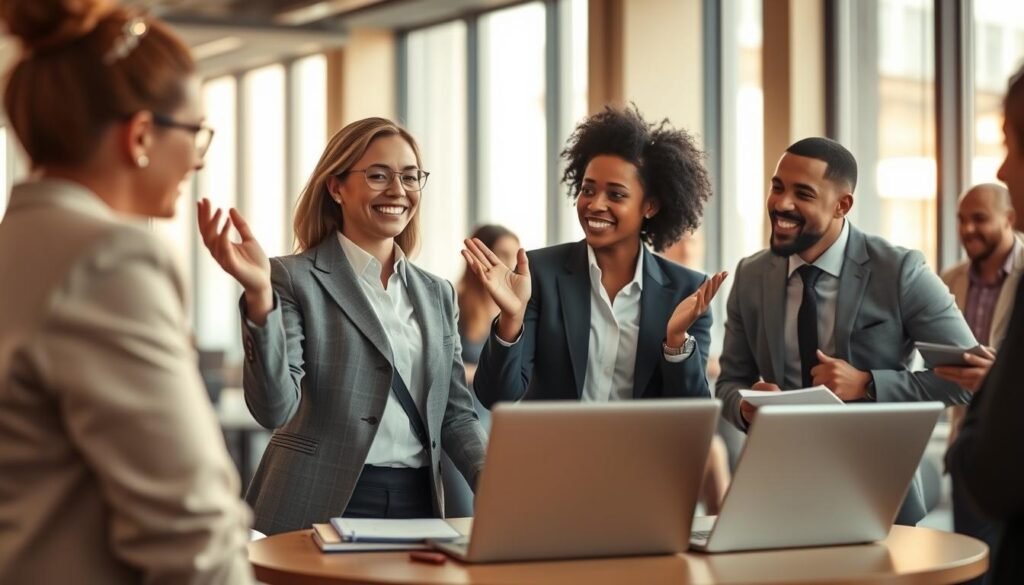 A dynamic scene depicting a diverse group of professionals in a modern office environment, engaged in a collaborative leadership workshop. In the foreground, three individuals in smart business attire, including a woman in a tailored blazer and a man in a neat shirt, are animatedly discussing strategies, with gesturing hands conveying enthusiasm. The middle ground features a round table with open laptops and notebooks, symbolizing teamwork and brainstorming. In the background, large windows let in warm, natural light, creating an inviting atmosphere. Soft focus in the background contrasts with the sharp detail of the participants, emphasizing their engagement. The mood is positive and collaborative, representing growth and empowerment in leadership development among teams.