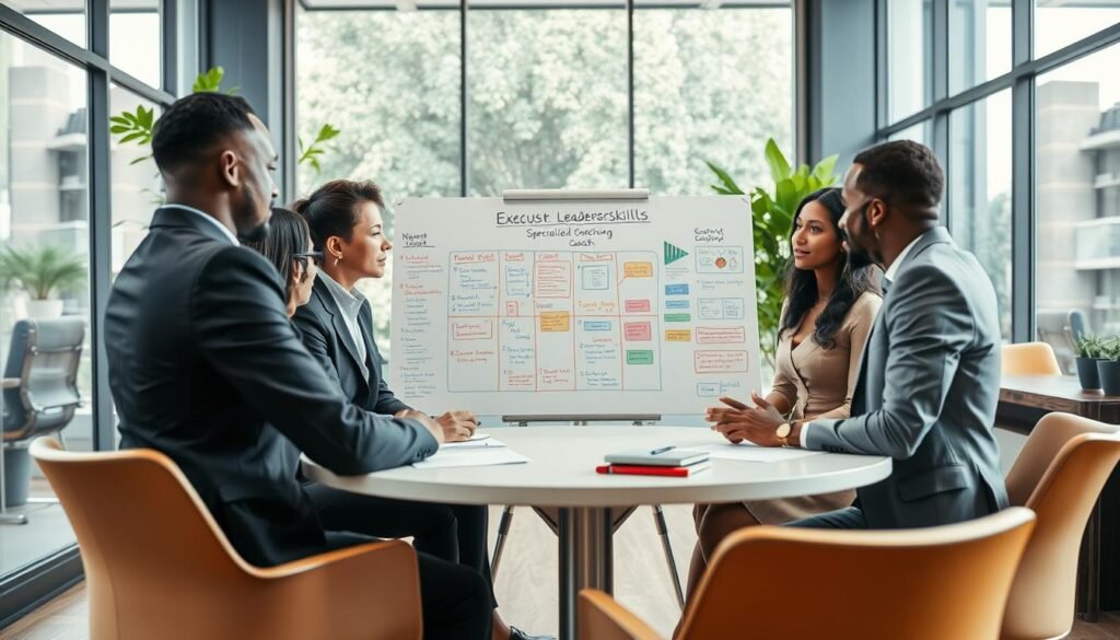 A dynamic scene depicting a professional coaching session focused on leadership skills in a modern office environment. In the foreground, a diverse group of four professionals in smart business attire is engaged in a collaborative discussion around a round table, showcasing active listening and engagement. The middle ground features a large whiteboard filled with colorful diagrams and notes outlining specialized training methodologies for executive coaching. In the background, bright natural light filters through large windows, illuminating a sleek and contemporary workspace with greenery for a refreshing atmosphere. The mood is professional yet inspiring, emphasizing growth and teamwork. The image is captured with a slightly above-eye-level angle to create a sense of inclusiveness and focus on the participants' interaction.