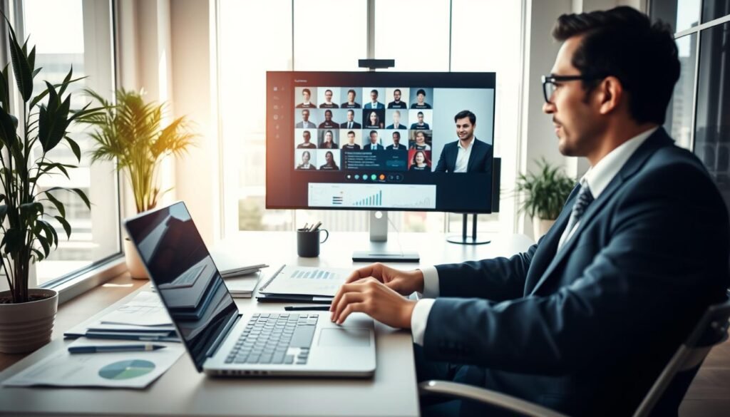 A dynamic scene depicting a professional talent strategist engaged in a video conference call, showcasing innovative recruitment strategies. In the foreground, focus on a confident individual dressed in formal business attire, sitting at a modern desk with a laptop and recruitment materials scattered around. The middle ground features a digital display of diverse candidates' profiles and engaging graphs, symbolizing data-driven decision-making. In the background, a bright, contemporary office with large windows invites natural light, enhancing the atmosphere of professionalism. The mood is inspiring and optimistic, capturing the essence of success in talent acquisition. Use a wide-angle lens to create depth, ensuring the details in the foreground are crisp while maintaining a soft background. A dynamic scene depicting a professional talent strategist engaged in a video conference call, showcasing innovative recruitment strategies. In the foreground, focus on a confident individual dressed in formal business attire, sitting at a modern desk with a laptop and recruitment materials scattered around. The middle ground features a digital display of diverse candidates' profiles and engaging graphs, symbolizing data-driven decision-making. In the background, a bright, contemporary office with large windows invites natural light, enhancing the atmosphere of professionalism. The mood is inspiring and optimistic, capturing the essence of success in talent acquisition. Use a wide-angle lens to create depth, ensuring the details in the foreground are crisp while maintaining a soft background.