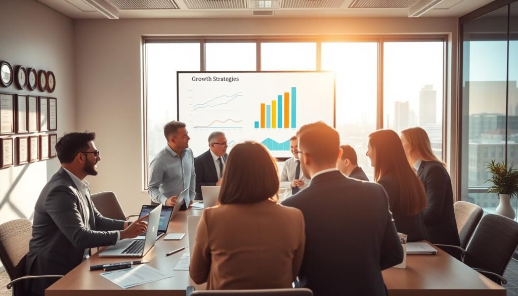 A dynamic scene depicting professionals engaging in collaboration, set in a modern conference room. In the foreground, a group of diverse individuals in professional business attire, including men and women of various ethnicities, discuss strategies enthusiastically around a large table filled with laptops and documents. In the middle, a large screen displays graphs and visual data, showcasing growth strategies. The background features a wall with framed accolades and a window revealing a cityscape bathed in natural sunlight. The atmosphere is one of energy and innovation, with bright, inviting lighting accentuating the collaborative spirit and focus on professional development. The composition should exude a sense of teamwork and achievement, capturing the essence of relevant institutional partnerships. A dynamic scene depicting professionals engaging in collaboration, set in a modern conference room. In the foreground, a group of diverse individuals in professional business attire, including men and women of various ethnicities, discuss strategies enthusiastically around a large table filled with laptops and documents. In the middle, a large screen displays graphs and visual data, showcasing growth strategies. The background features a wall with framed accolades and a window revealing a cityscape bathed in natural sunlight. The atmosphere is one of energy and innovation, with bright, inviting lighting accentuating the collaborative spirit and focus on professional development. The composition should exude a sense of teamwork and achievement, capturing the essence of relevant institutional partnerships.