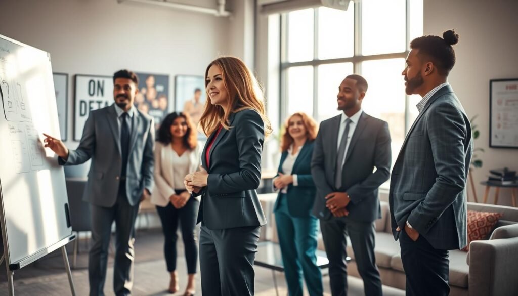 A dynamic scene depicting transformational leadership in a corporate setting, focusing on a diverse group of professional individuals engaged in a coaching session. In the foreground, a confident female manager in a tailored suit stands at a whiteboard, passionately presenting innovative ideas. Surrounding her are several attentive team members of varied ethnicities, thoughtfully interacting. In the middle ground, a modern office space is filled with natural light streaming through large windows, creating a bright and inviting atmosphere. The background features sleek furniture and motivational posters on the walls. The mood is one of inspiration and collaboration, emphasizing growth and empowerment. The lighting is warm and inviting, with a slight focus on the manager to highlight her leadership role. A dynamic scene depicting transformational leadership in a corporate setting, focusing on a diverse group of professional individuals engaged in a coaching session. In the foreground, a confident female manager in a tailored suit stands at a whiteboard, passionately presenting innovative ideas. Surrounding her are several attentive team members of varied ethnicities, thoughtfully interacting. In the middle ground, a modern office space is filled with natural light streaming through large windows, creating a bright and inviting atmosphere. The background features sleek furniture and motivational posters on the walls. The mood is one of inspiration and collaboration, emphasizing growth and empowerment. The lighting is warm and inviting, with a slight focus on the manager to highlight her leadership role.