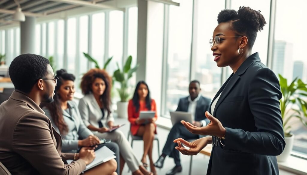 A dynamic scene depicting transformational leadership in an inspiring office environment. In the foreground, a confident leader, a Black woman in a smart business outfit, gestures passionately as she addresses a diverse group of professionals seated in a semi-circle, all in business casual attire. In the middle ground, attentive faces express engagement and interest, with some taking notes on laptops and notepads. The background features a bright, modern office with large windows showcasing a city skyline, filled with greenery for a fresh atmosphere. Soft, diffused lighting floods the space, creating a warm and motivating vibe. The angle of the shot captures the leader from a slightly lower perspective, emphasizing her authority and presence, while the overall composition conveys a sense of collaboration and effective communication.