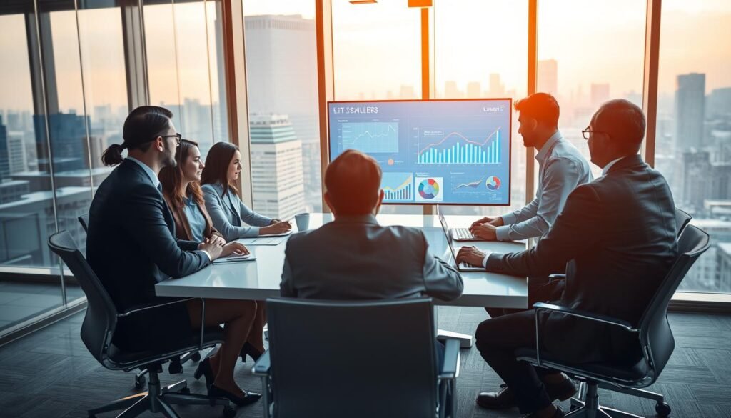 A dynamic scene highlighting the interaction of soft skills and technological competencies among leaders in a corporate environment. In the foreground, a diverse group of professionals in business attire actively engages in a brainstorming session around a sleek conference table, illustrating teamwork and communication. The middle ground features a large digital screen displaying data analytics and graphics, symbolizing technological proficiency. In the background, windowed office space reveals a modern city skyline under warm, natural lighting, contributing to an atmosphere of ambition and professionalism. The image should evoke a feeling of collaboration and innovation, showcasing the essential qualities needed for successful leadership in a competitive market. Utilize a slight overhead angle to emphasize the leaders' interaction with technology and each other.