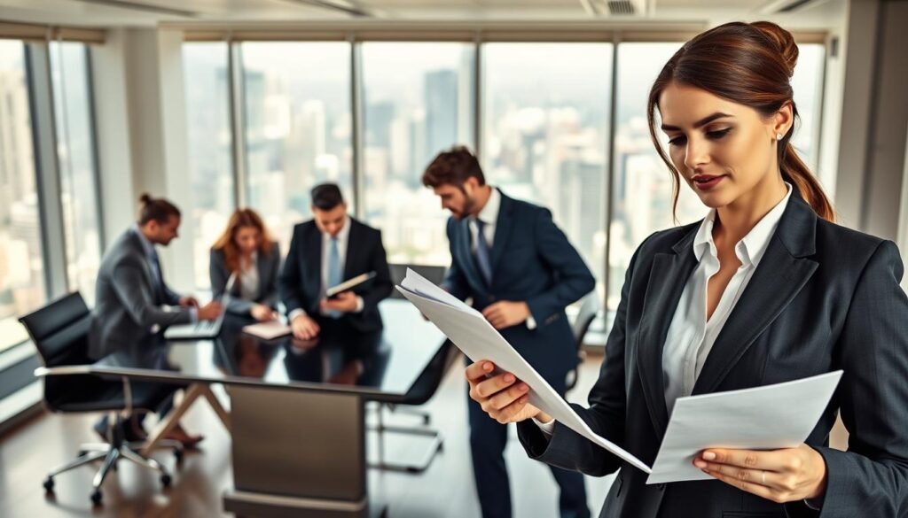 A dynamic scene illustrating a personalized executive talent selection process in a modern office environment. In the foreground, a professional businesswoman in a tailored suit reviews resumes, her expression focused and analytical. To the left, a diverse group of candidates in professional attire are engaged in discussions with headhunters, showcasing collaboration and active listening. The middle ground features a sleek conference table with laptops and portfolios, symbolizing strategic planning. In the background, a large window reveals a bustling cityscape, suggesting growth and opportunity. Soft, natural lighting floods the space, creating a warm and inviting atmosphere. The angle is slightly elevated, capturing the energy and professionalism of the scene, while maintaining a clean, organized look to reflect efficiency. A dynamic scene illustrating a personalized executive talent selection process in a modern office environment. In the foreground, a professional businesswoman in a tailored suit reviews resumes, her expression focused and analytical. To the left, a diverse group of candidates in professional attire are engaged in discussions with headhunters, showcasing collaboration and active listening. The middle ground features a sleek conference table with laptops and portfolios, symbolizing strategic planning. In the background, a large window reveals a bustling cityscape, suggesting growth and opportunity. Soft, natural lighting floods the space, creating a warm and inviting atmosphere. The angle is slightly elevated, capturing the energy and professionalism of the scene, while maintaining a clean, organized look to reflect efficiency.