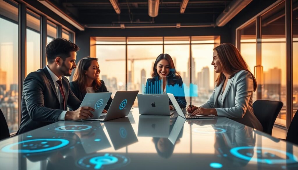 A dynamic scene illustrating the connection between talent and technology in a modern office setting in Bogotá. In the foreground, a diverse group of three professionals, a man and two women, are engaged in a collaborative discussion around a sleek table with laptops open. They are dressed in smart business attire, conveying professionalism and innovation. In the middle ground, futuristic digital interfaces and holographic displays project data and graphs, symbolizing technology's role in recruitment. The background features large windows with a cityscape view, showcasing Bogotá's skyline, bathed in warm, natural light creating a motivating atmosphere. The angle is slightly elevated, giving a sense of depth to the environment, while maintaining a focus on the collaboration and connection between individuals. A dynamic scene illustrating the connection between talent and technology in a modern office setting in Bogotá. In the foreground, a diverse group of three professionals, a man and two women, are engaged in a collaborative discussion around a sleek table with laptops open. They are dressed in smart business attire, conveying professionalism and innovation. In the middle ground, futuristic digital interfaces and holographic displays project data and graphs, symbolizing technology's role in recruitment. The background features large windows with a cityscape view, showcasing Bogotá's skyline, bathed in warm, natural light creating a motivating atmosphere. The angle is slightly elevated, giving a sense of depth to the environment, while maintaining a focus on the collaboration and connection between individuals.
