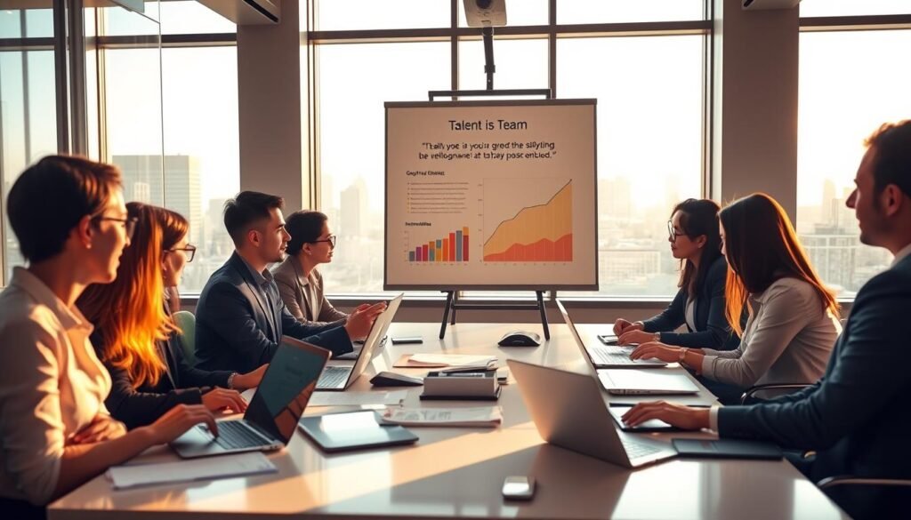 A dynamic scene in a modern office, capturing the essence of talent development and skills enhancement. In the foreground, a diverse group of professionals in business attire engages in an interactive workshop, collaborating around a bright, sleek table filled with laptops, notebooks, and colorful charts. The middle-ground features a large presentation board showcasing graphs and uplifting quotes about growth and teamwork. In the background, glass windows reveal a cityscape bathed in soft daylight, creating an inspiring atmosphere. Warm and motivational lighting emphasizes the focus on teamwork and professional growth, casting gentle shadows that reflect a productive environment. The overall mood is energetic and uplifting, highlighting collaboration and professional development without any distractions such as text or watermarks.