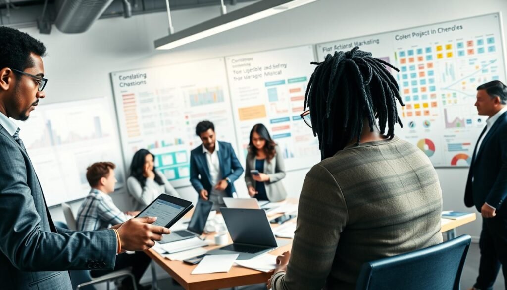 A dynamic scene in a modern office setting showcasing a diverse team of professionals coordinating a complex project. In the foreground, a focused project manager in business attire interacts with a digital tablet, while in the middle ground, team members discuss strategies around a large conference table filled with charts and laptops. A whiteboard filled with colorful diagrams and schedules looms in the background, depicting intricate logistics and workflows. Soft overhead lighting enhances the collaborative atmosphere, creating a sense of urgency and teamwork. The camera angle emphasizes the engaged facial expressions of the team, illustrating a blend of determination and innovation. The overall mood should convey professionalism, clarity, and teamwork in high-stakes project management.