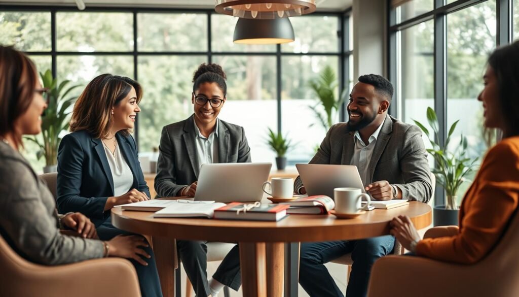 A dynamic scene showcasing a diverse group of professional executive coaches in a modern, stylish office environment. In the foreground, two coaches—a middle-aged woman of Hispanic descent and a young Black man—are engaged in an animated discussion, surrounded by coaching materials and laptops. In the middle, a large round table is adorned with motivational books and coffee cups, symbolizing collaboration and learning. The background features large windows allowing natural light to flood the room, with greenery visible outside, creating a refreshing atmosphere. The scene conveys professionalism, engagement, and teamwork, with warm lighting emphasizing the coaches' expressions and the positive energy of the space. The overall mood is inspiring and conducive to personal growth and leadership development. A dynamic scene showcasing a diverse group of professional executive coaches in a modern, stylish office environment. In the foreground, two coaches—a middle-aged woman of Hispanic descent and a young Black man—are engaged in an animated discussion, surrounded by coaching materials and laptops. In the middle, a large round table is adorned with motivational books and coffee cups, symbolizing collaboration and learning. The background features large windows allowing natural light to flood the room, with greenery visible outside, creating a refreshing atmosphere. The scene conveys professionalism, engagement, and teamwork, with warm lighting emphasizing the coaches' expressions and the positive energy of the space. The overall mood is inspiring and conducive to personal growth and leadership development.