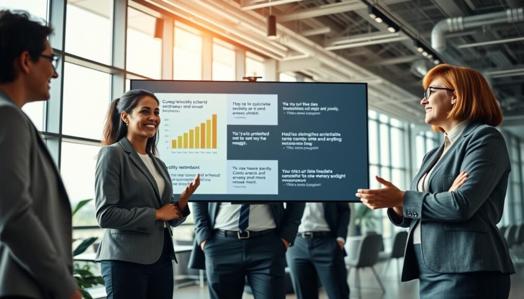 A dynamic scene showcasing successful client testimonials in a modern business environment. In the foreground, a diverse group of three professionals (a woman in a smart blazer, a man in a tailored suit, and a woman in modest business casual attire) are engaged in an animated discussion, showcasing their satisfaction and success. The middle layer features a large screen displaying positive graphs and client feedback quotes, emphasizing the theme of success. In the background, a sleek, contemporary office space with large windows allowing natural light to flood in, creating a bright and optimistic atmosphere. The mood should convey professionalism and collaboration, with warm lighting highlights, shot from a slightly elevated angle to capture both the people and the inspiring office environment.