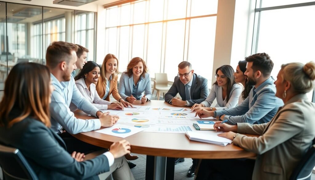 A dynamic team of diverse professionals collaborating around a large conference table, engaged in animated discussions about work strategies. The foreground features a mix of individuals in professional business attire, showcasing a blend of genders and ethnicities, with focused expressions. In the middle, colorful charts and graphs are dispersed across the table, highlighting key performance indicators and trends. The background displays a modern office environment with large windows, allowing natural light to flood the room, enhancing the atmosphere of productivity and innovation. The mood is energetic and cooperative, capturing the essence of teamwork and strategic planning. The image should be bright and inviting, with a depth-of-field effect to emphasize the participants' engagement.