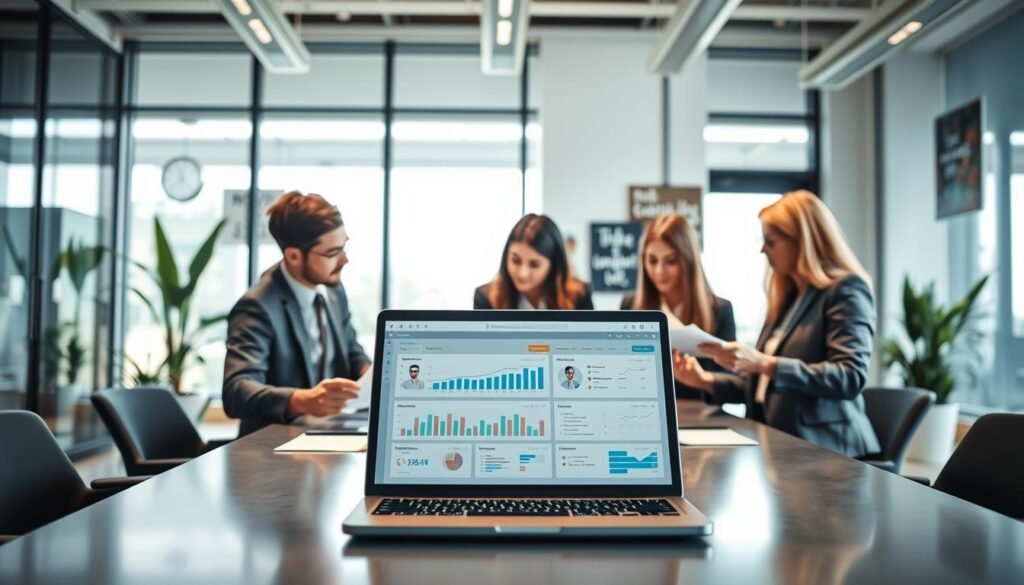 A focused scene depicting a professional talent selection process in an office environment. In the foreground, a diverse group of three business professionals, dressed in smart business attire, are engaged in a discussion around a modern conference table, analyzing resumes and discussing candidate profiles. In the middle ground, an open laptop displays a digital dashboard with graphs and candidate data, emphasizing technology's role in recruitment. The background features a sleek, modern office with large windows allowing natural light to flood in, creating a bright and inviting atmosphere. A soft focus on plants and motivational posters adds a touch of warmth. The overall mood is collaborative and dynamic, capturing the essence of talent acquisition. Shot with a wide-angle lens to emphasize the group activity, the lighting is bright and evenly distributed, highlighting the professionalism of the setting.