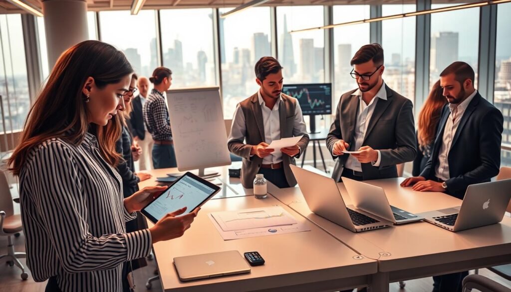 A futuristic fintech workspace bustling with activity, featuring a diverse team of professionals in smart casual attire collaborating on strategy. In the foreground, a woman analyzing data on a tablet, while a man sketches ideas on a whiteboard. In the middle, an open office layout with sleek desks, monitors displaying financial graphs, and laptops, immersed in natural light streaming through large windows. The background shows a city skyline, symbolizing innovation and growth. The atmosphere is focused and dynamic, with warm lighting creating an inspiring environment. The scene emphasizes teamwork and technology, encapsulating the essence of effective fintech team management against a contemporary urban backdrop.