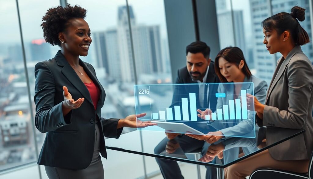 A futuristic office environment showcasing a diverse group of professionals engaged in a collaborative brainstorming session. In the foreground, a Black woman in a smart business suit gestures enthusiastically while presenting digital graphs on a sleek holographic display. In the middle ground, a Hispanic man and an Asian woman sit at a modern glass table, examining a tablet together, their expressions focused and engaged. The background features large windows overlooking a bustling city, with soft natural light pouring in, enhancing a sense of openness and connectivity. The overall atmosphere should convey innovation, teamwork, and leadership in the digital era, evoking a sense of optimism and forward-thinking. Use a slightly elevated angle to give a dynamic perspective on the collaborative space.