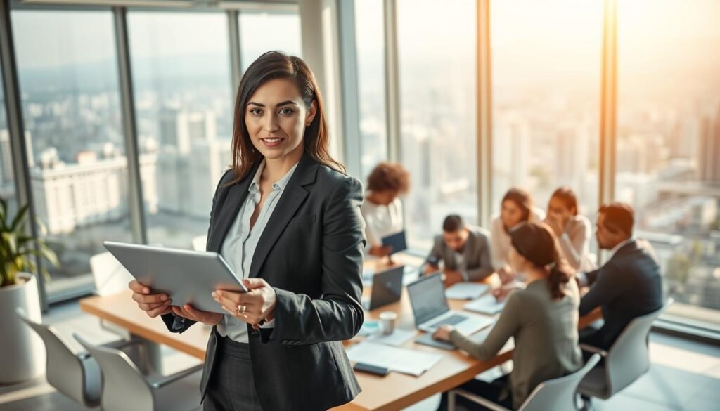 A group of diverse professionals engaged in a dynamic strategy session in a modern office environment. In the foreground, a confident woman in a tailored suit passionately presents ideas on a digital tablet, her colleagues attentively listening. In the middle ground, a diverse group, including men and women of various ethnicities, collaborate around a large conference table littered with documents and laptops, showcasing teamwork and engagement. The background features large windows allowing natural light to flood the room, with a view of a bustling cityscape of Colombia. The atmosphere is vibrant and inspiring, symbolizing growth and success, with a bright color palette and soft sunlight casting warm shadows. The composition captures the essence of professional development and proven results. A group of diverse professionals engaged in a dynamic strategy session in a modern office environment. In the foreground, a confident woman in a tailored suit passionately presents ideas on a digital tablet, her colleagues attentively listening. In the middle ground, a diverse group, including men and women of various ethnicities, collaborate around a large conference table littered with documents and laptops, showcasing teamwork and engagement. The background features large windows allowing natural light to flood the room, with a view of a bustling cityscape of Colombia. The atmosphere is vibrant and inspiring, symbolizing growth and success, with a bright color palette and soft sunlight casting warm shadows. The composition captures the essence of professional development and proven results.