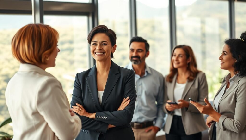 A group of diverse professionals engaged in an ontological coaching session in an elegant Colombian office setting. In the foreground, a coach, a middle-aged Latina woman in a smart business suit, is actively listening to participants, showcasing a warm and encouraging demeanor. In the middle ground, three team members, two men and one woman of varying ages and ethnicities, are sharing their thoughts, visibly engaged and exchanging ideas. The backdrop features large windows revealing a lush, green Colombian landscape, with mountains in soft focus under gentle sunlight. The atmosphere is collaborative and empowering, with soft, natural light casting a welcoming glow on the scene, emphasizing the supportive nature of coaching.