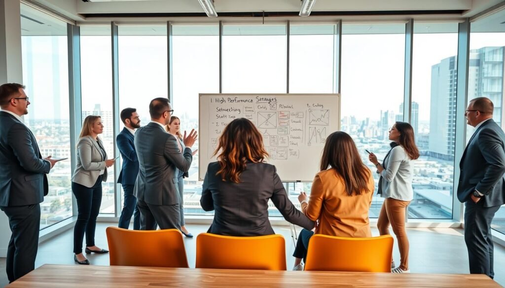 A high-energy team coaching session in a bright, modern conference room. In the foreground, a diverse group of six professionals, dressed in tailored business attire, are engaged in a dynamic brainstorming activity, with one person gesturing enthusiastically. In the middle, a large whiteboard filled with diagrams and strategies for high performance is visible. The background showcases large windows with a view of a bustling city, allowing natural light to flood the room, creating a vibrant atmosphere. The mood is collaborative and motivational, emphasizing teamwork and professionalism. The composition is shot with a wide-angle lens to capture the full essence of the lively environment, highlighting the importance of coaching for high-performing teams. A high-energy team coaching session in a bright, modern conference room. In the foreground, a diverse group of six professionals, dressed in tailored business attire, are engaged in a dynamic brainstorming activity, with one person gesturing enthusiastically. In the middle, a large whiteboard filled with diagrams and strategies for high performance is visible. The background showcases large windows with a view of a bustling city, allowing natural light to flood the room, creating a vibrant atmosphere. The mood is collaborative and motivational, emphasizing teamwork and professionalism. The composition is shot with a wide-angle lens to capture the full essence of the lively environment, highlighting the importance of coaching for high-performing teams.