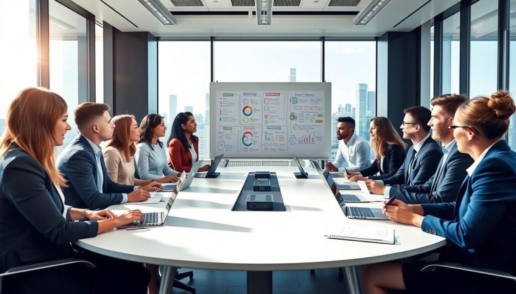A high-performance team engaged in a collaborative brainstorming session within a modern office environment. In the foreground, a diverse group of professionals, dressed in smart business attire, are gathered around a sleek conference table, sharing ideas and insights, with laptops and notepads in front of them. In the middle, a large whiteboard filled with colorful diagrams and notes illustrates their strategic development plans. The background features large windows showcasing a city skyline, with natural sunlight streaming in, creating an inspiring and dynamic atmosphere. The mood is focused yet collaborative, emphasizing innovation and teamwork. Use a wide-angle lens to capture the entire scene, highlighting the synergy among the team members. A high-performance team engaged in a collaborative brainstorming session within a modern office environment. In the foreground, a diverse group of professionals, dressed in smart business attire, are gathered around a sleek conference table, sharing ideas and insights, with laptops and notepads in front of them. In the middle, a large whiteboard filled with colorful diagrams and notes illustrates their strategic development plans. The background features large windows showcasing a city skyline, with natural sunlight streaming in, creating an inspiring and dynamic atmosphere. The mood is focused yet collaborative, emphasizing innovation and teamwork. Use a wide-angle lens to capture the entire scene, highlighting the synergy among the team members.